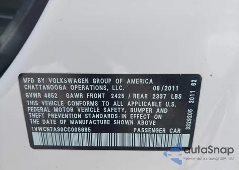 2012 Volkswagen Passat 2.0L Tdi Sel Premium z USA, uszkodzony, nr VIN 1VWCN7A30CC008695